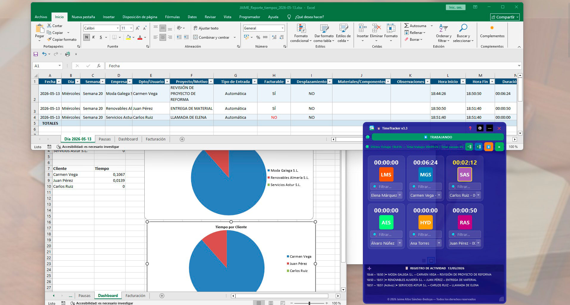 REGISTRO PROFESIONAL DE TIEMPOS EN EXCEL PAUSAS DASHBOARD FACTURACION